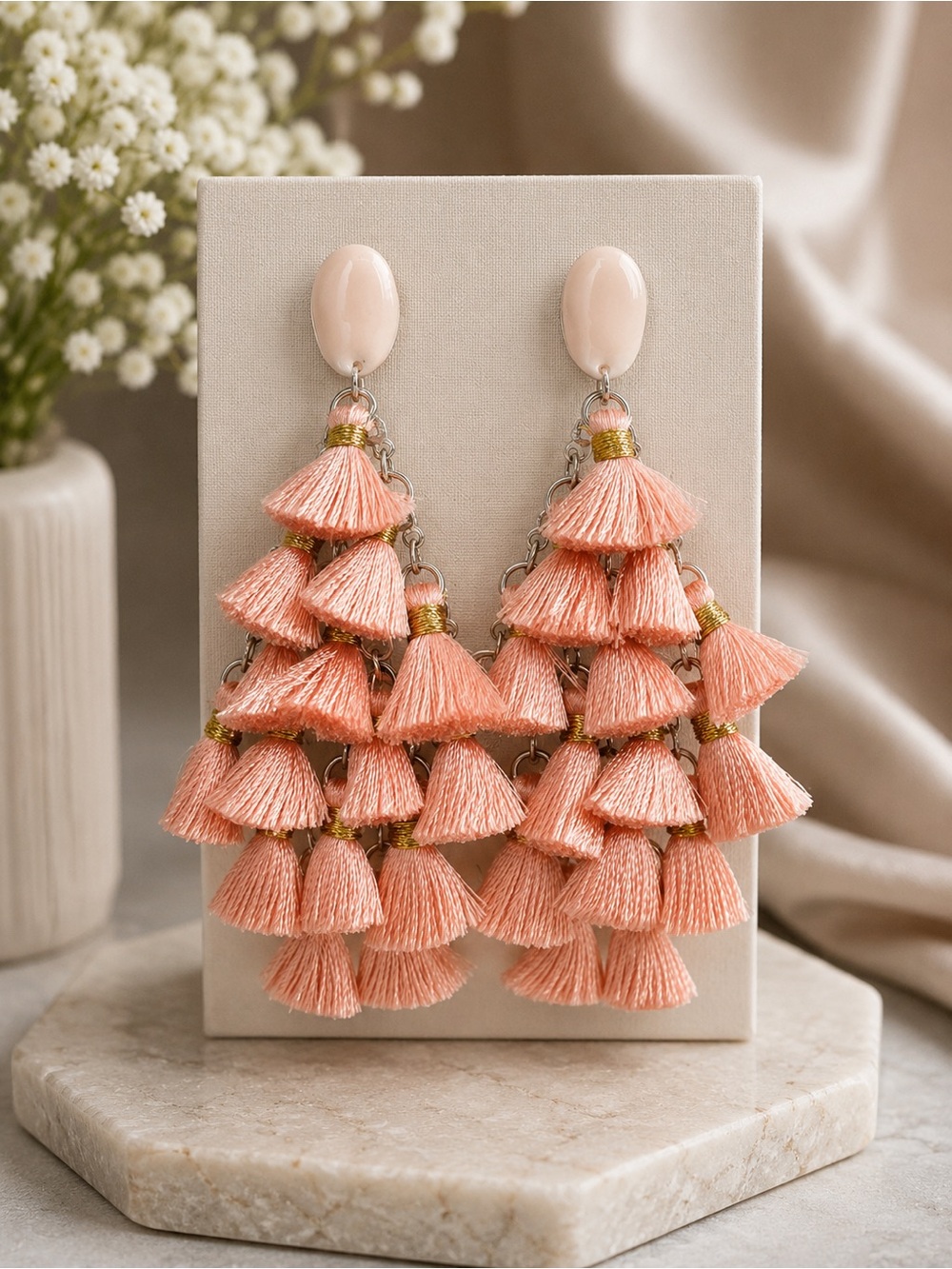 Peach Tassel Statement Earrings